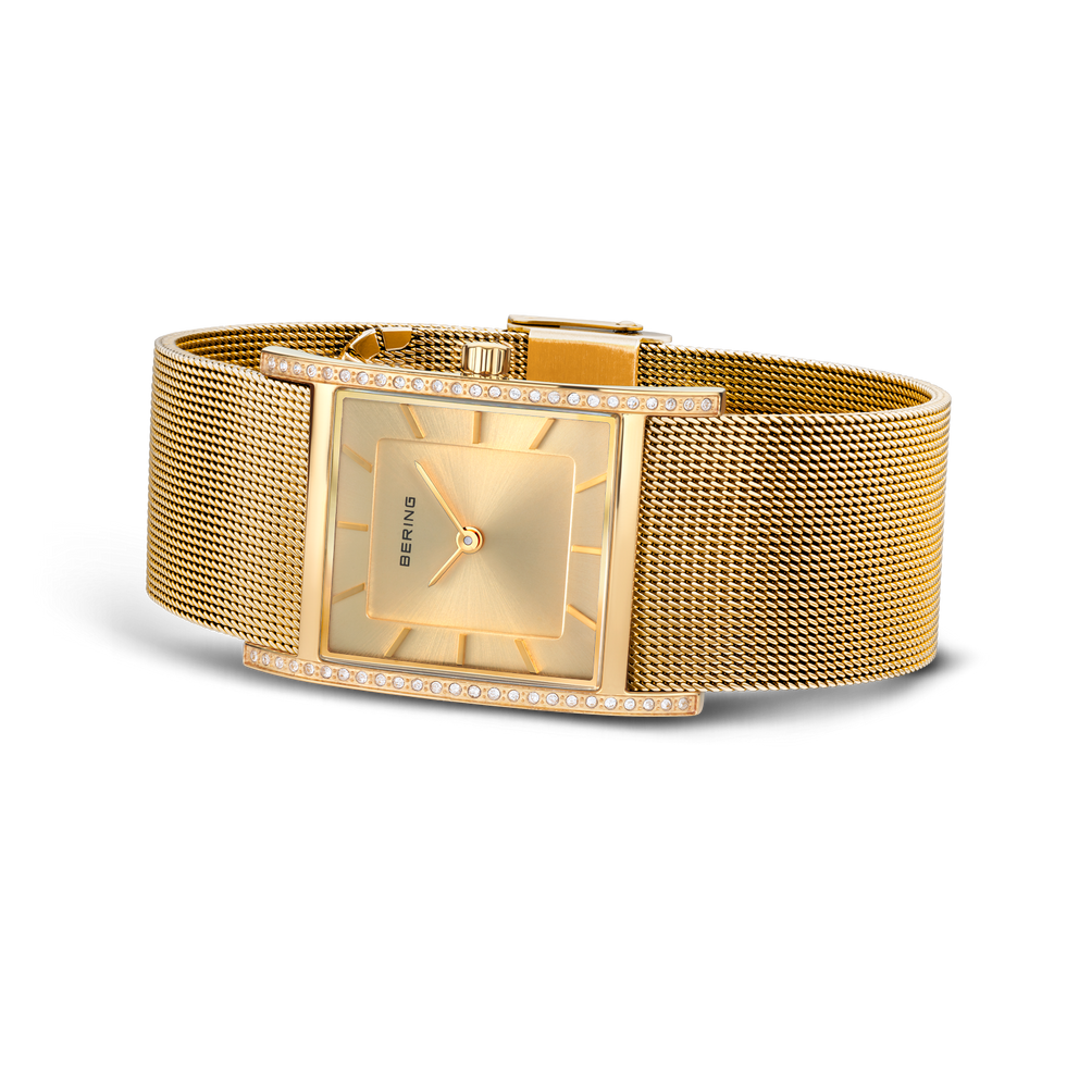 Reloj rectangular brillante malla dorado