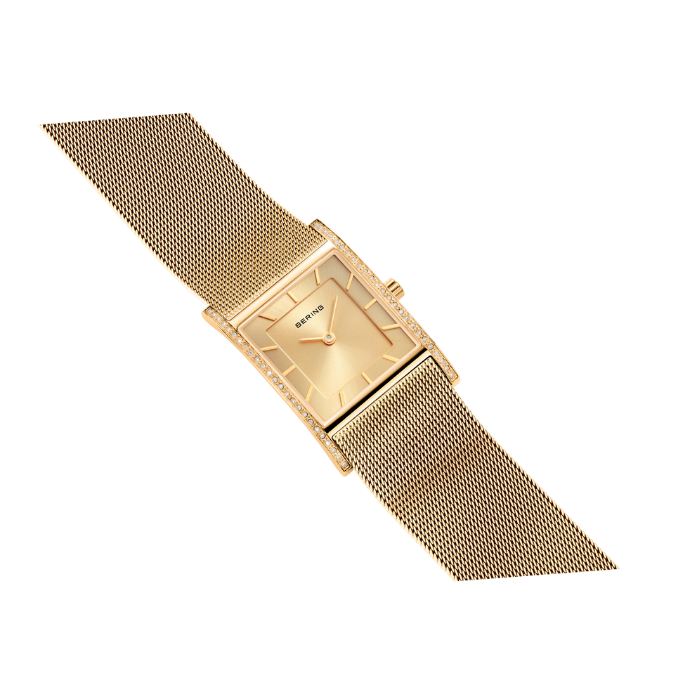 Reloj rectangular brillante malla dorado