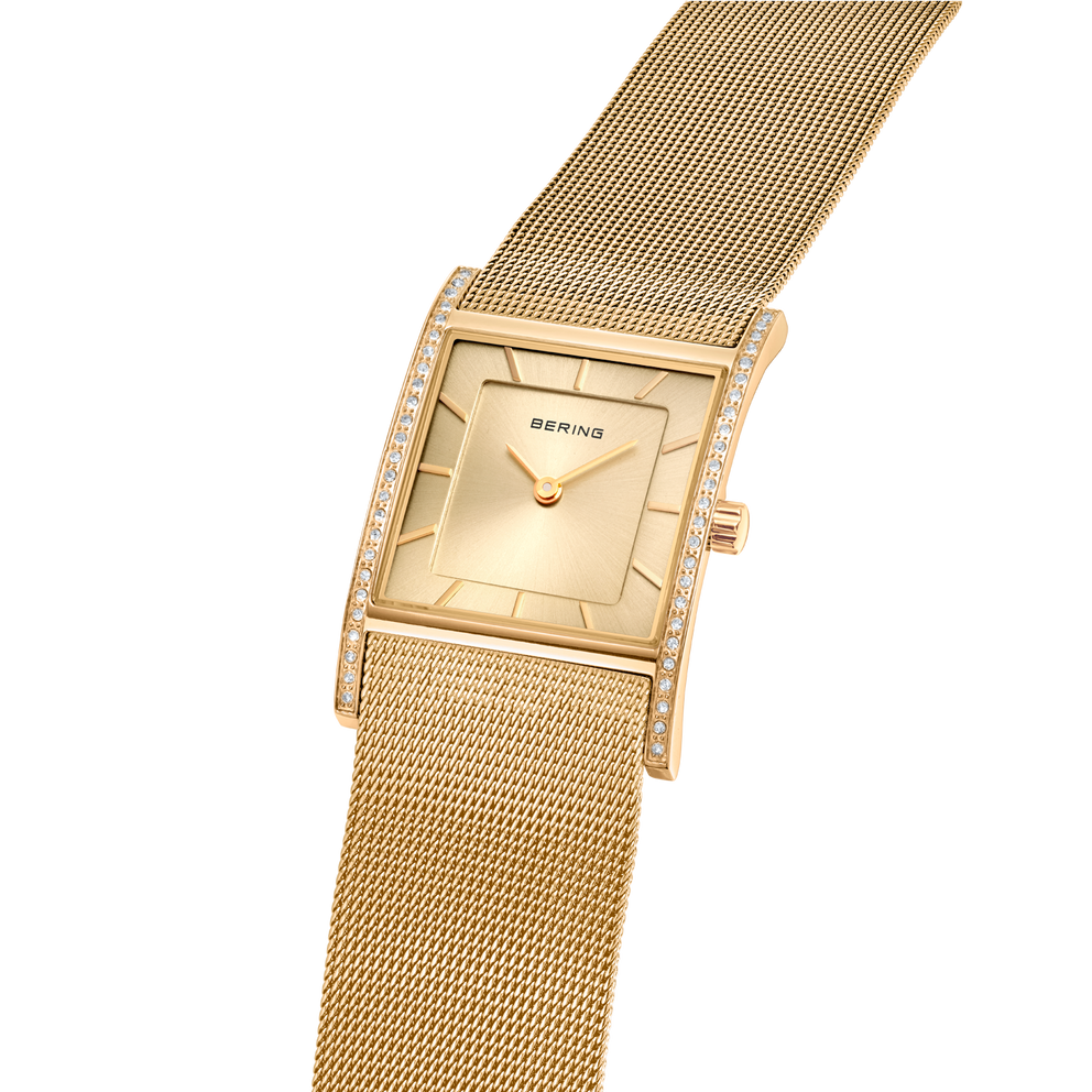 Reloj rectangular brillante malla dorado
