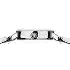 Side profile of the silver-tone watch case and crown between the ends of the silver-tone link bracelet.