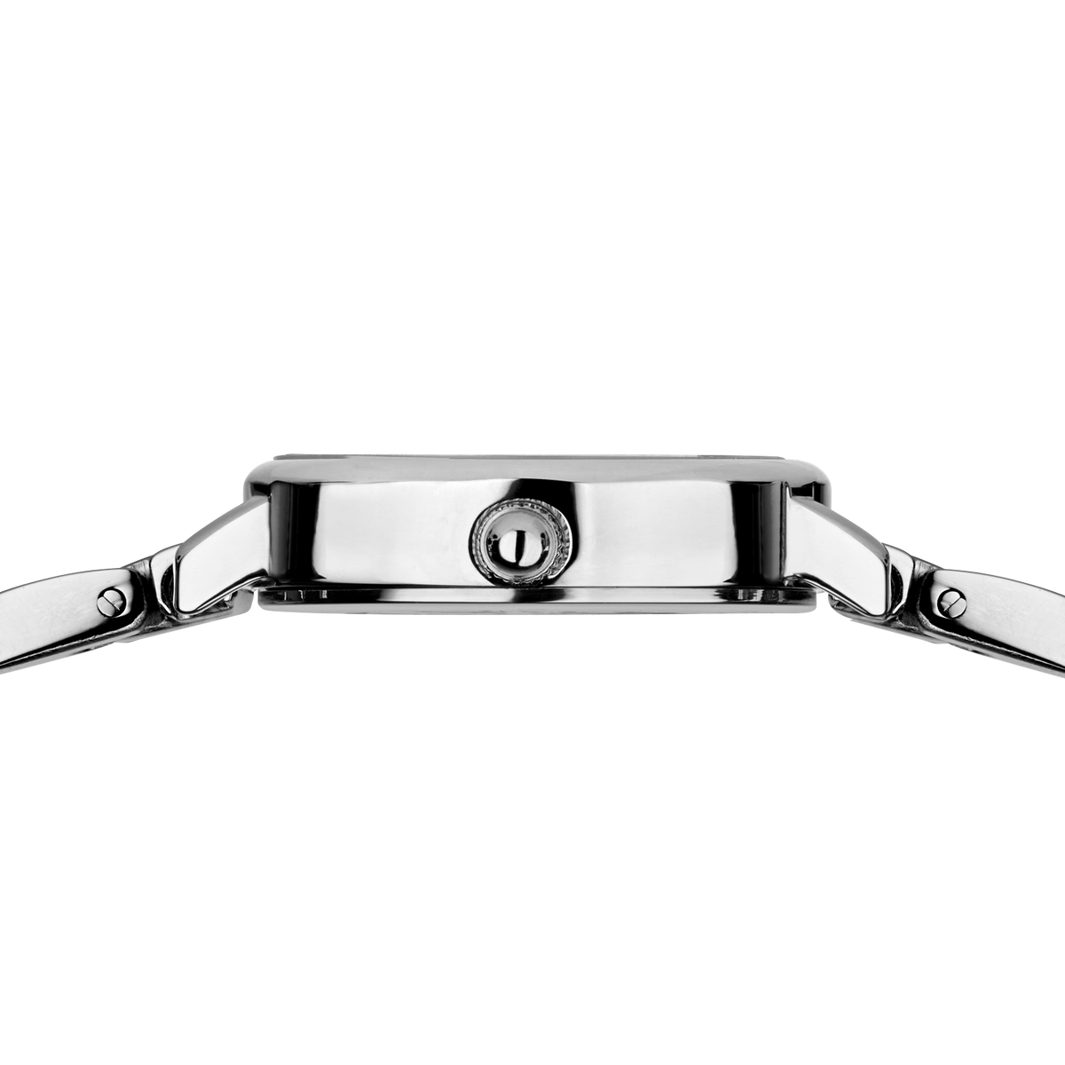 Side profile of the silver-tone watch case and crown between the ends of the silver-tone link bracelet.