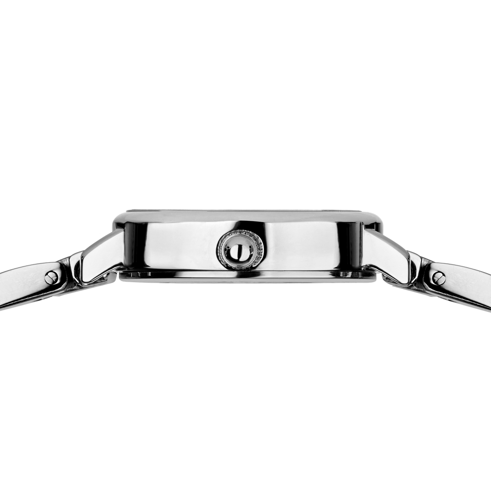 Side profile of the silver-tone watch case and crown between the ends of the silver-tone link bracelet.