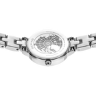 Engraved watch case back with the silver-tone link bracelet extended to either side.