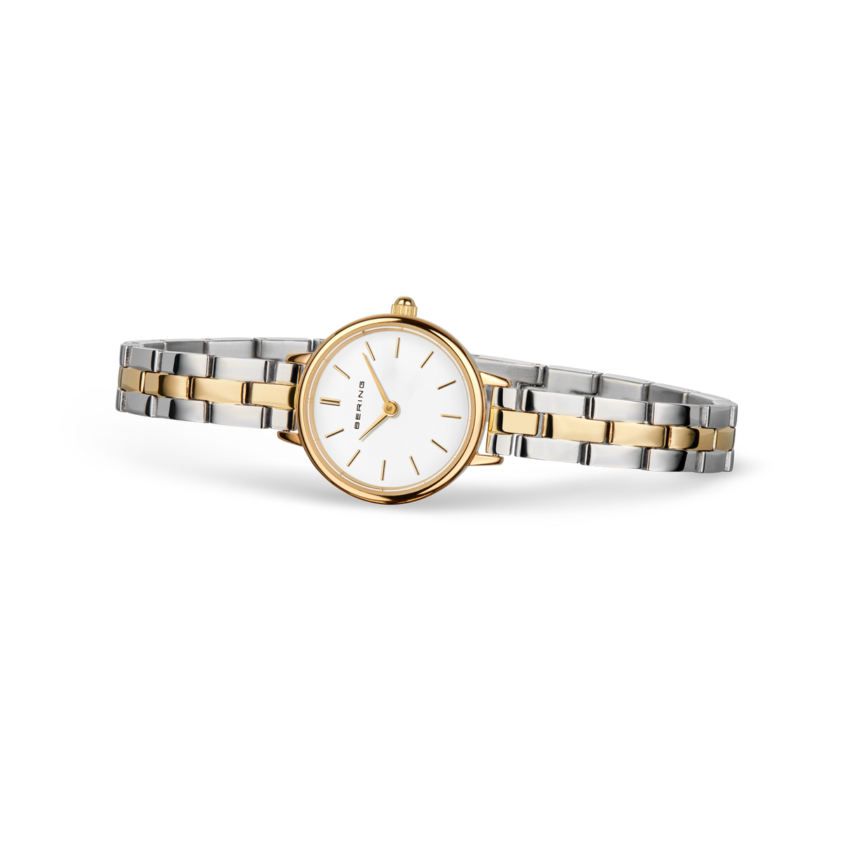 Angled watch view: white dial and silver- and gold-tone link bracelet extended.