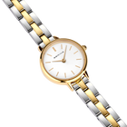 Diagonal overhead view of the white dial, gold-tone case and silver- and gold-tone link bracelet.