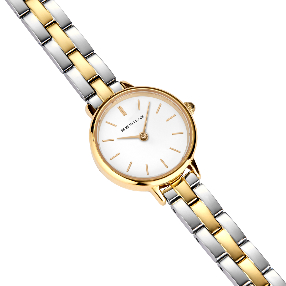 Diagonal overhead view of the white dial, gold-tone case and silver- and gold-tone link bracelet.