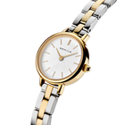 Angled close-up of the white dial and gold-tone case beside the silver- and gold-tone link bracelet.