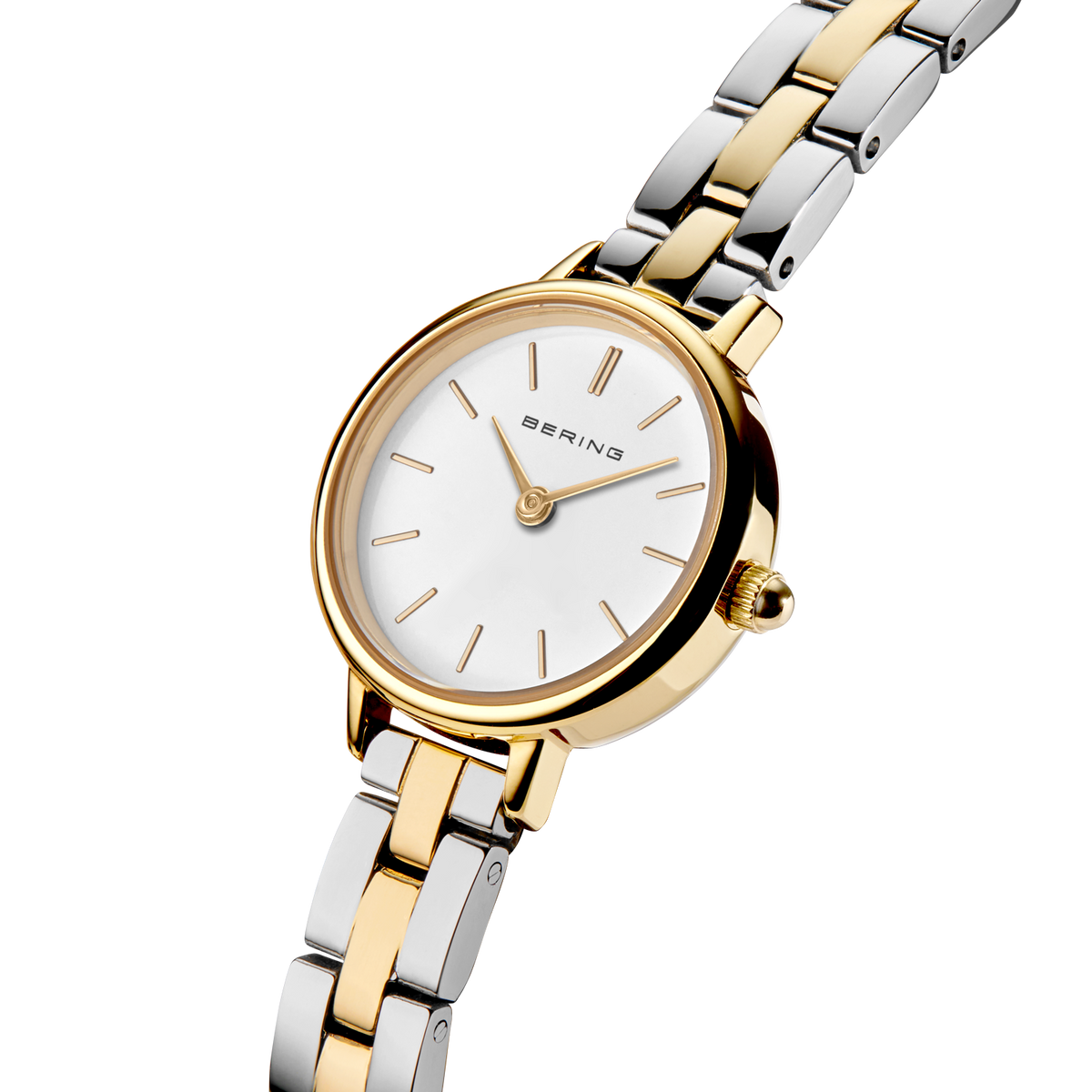 Angled close-up of the white dial and gold-tone case beside the silver- and gold-tone link bracelet.