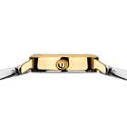 Side profile of the gold-tone watch case and crown between the ends of the silver- and gold-tone link bracelet.