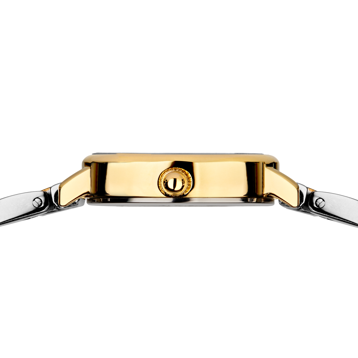 Side profile of the gold-tone watch case and crown between the ends of the silver- and gold-tone link bracelet.