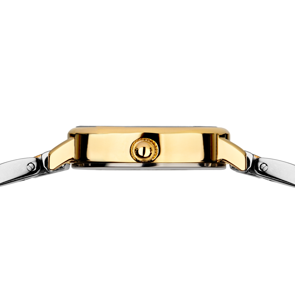 Side profile of the gold-tone watch case and crown between the ends of the silver- and gold-tone link bracelet.