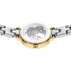 Engraved watch case back with the silver- and gold-tone link bracelet extended to either side.