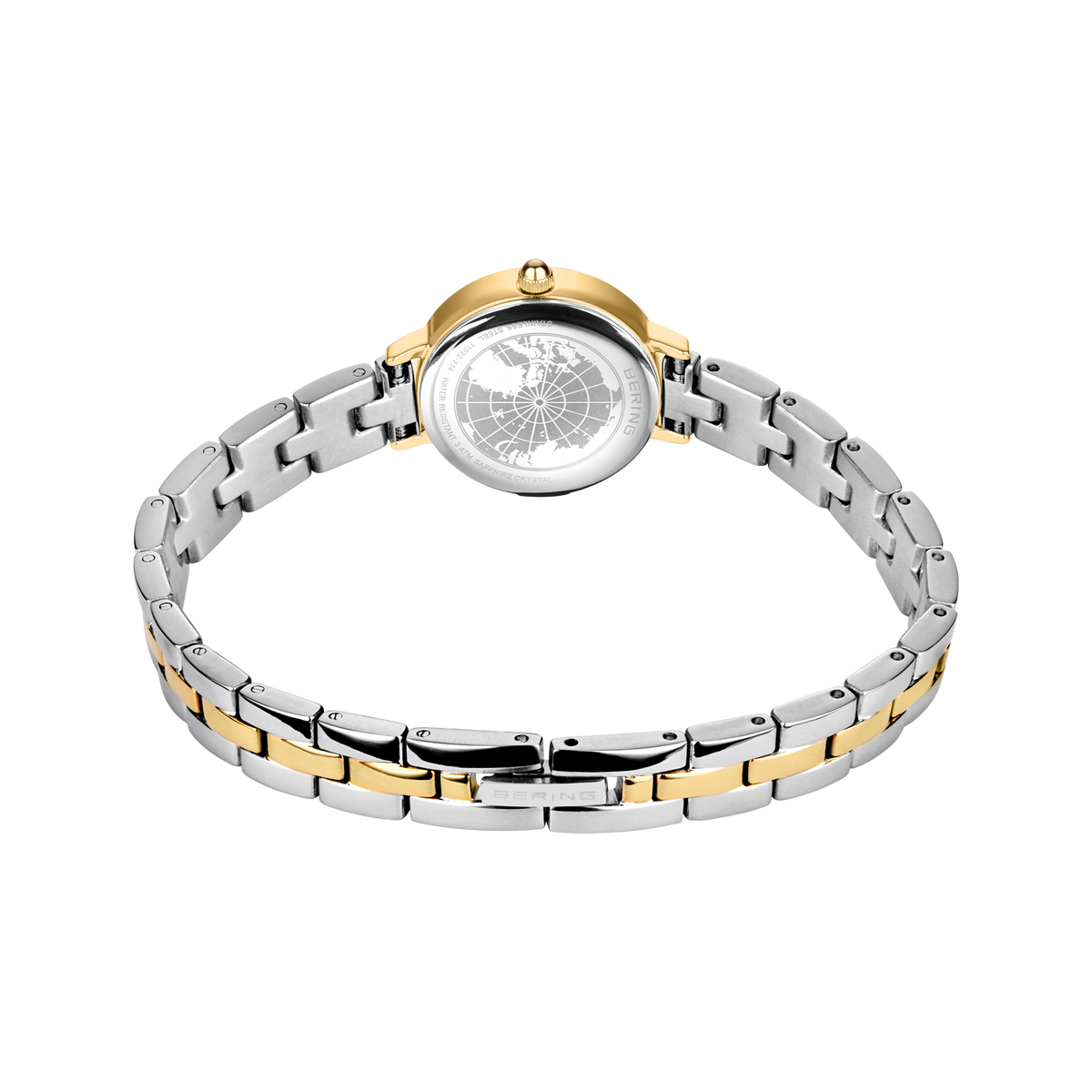 Rear view of the watch with its silver- and gold-tone link bracelet looped and fastener closed.