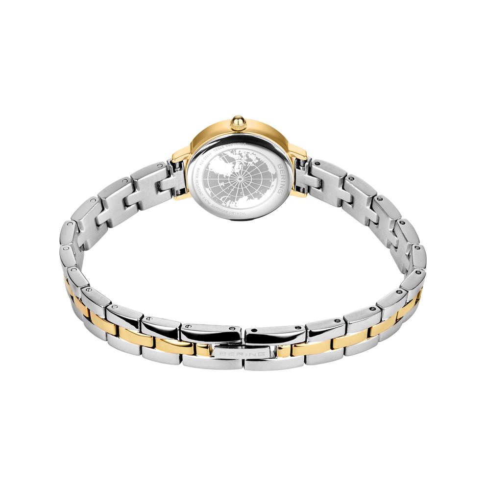 Rear view of the watch with its silver- and gold-tone link bracelet looped and fastener closed.