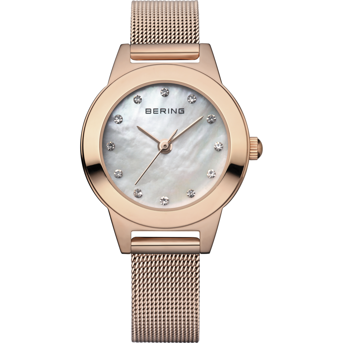 Reloj BERING de frente: esfera clara veteada, caja rosada y correa de malla rosada.