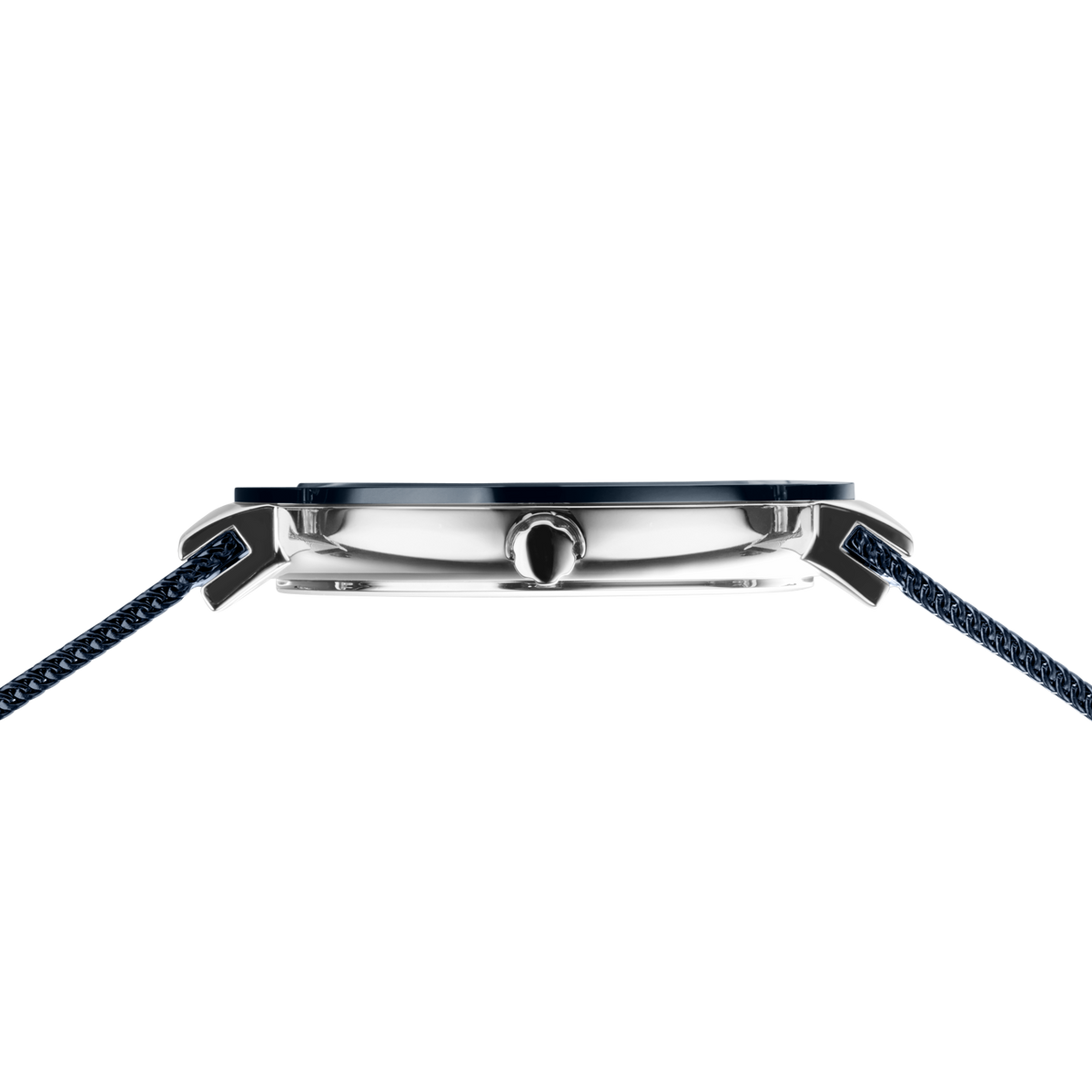 Side profile of the silver-tone with blue bezel watch case and crown between the ends of the blue mesh strap.