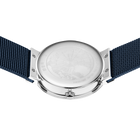 Engraved watch case back with the blue mesh strap extended to either side.