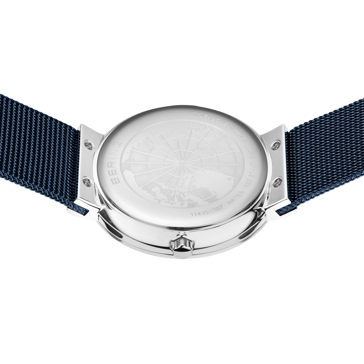 Engraved watch case back with the blue mesh strap extended to either side.