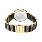 Vista posterior del reloj, con pulsera dorada de eslabones con centros negros formando un aro y cierre cerrado.