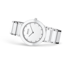 Angled watch view: white dial with bright dot markers and white-centered silver-tone link bracelet extended.