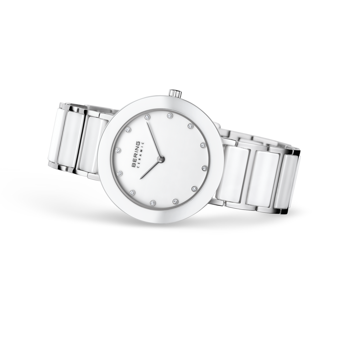 Angled watch view: white dial with bright dot markers and white-centered silver-tone link bracelet extended.