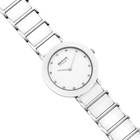 Diagonal overhead view of the white dial with bright dot markers, silver-tone with white bezel case and white-centered silver-tone link bracelet.