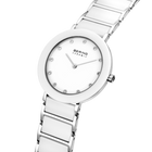 Angled close-up of the white dial with bright dot markers and silver-tone with white bezel case beside the white-centered silver-tone link bracelet.