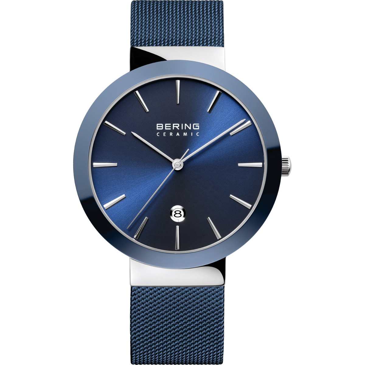 Front view: blue dial, silver-tone with blue bezel case and blue mesh strap.