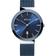 Front view: blue dial, silver-tone with blue bezel case and blue mesh strap.