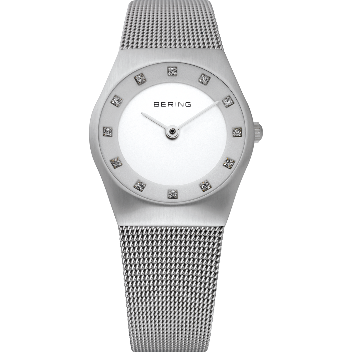 Front view of a silver-tone mesh watch with a small pale dial surrounded by square bright markers.