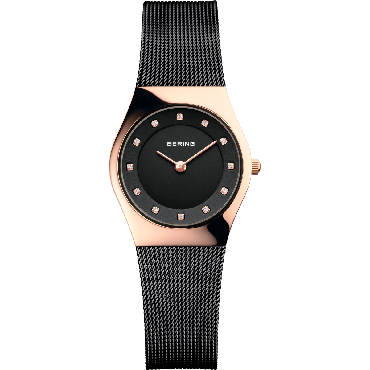 Reloj BERING de frente: esfera negra con índices cuadrados brillantes, caja rosada y correa de malla negra.