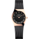 Reloj BERING de frente: esfera negra con índices cuadrados brillantes, caja rosada y correa de malla negra.