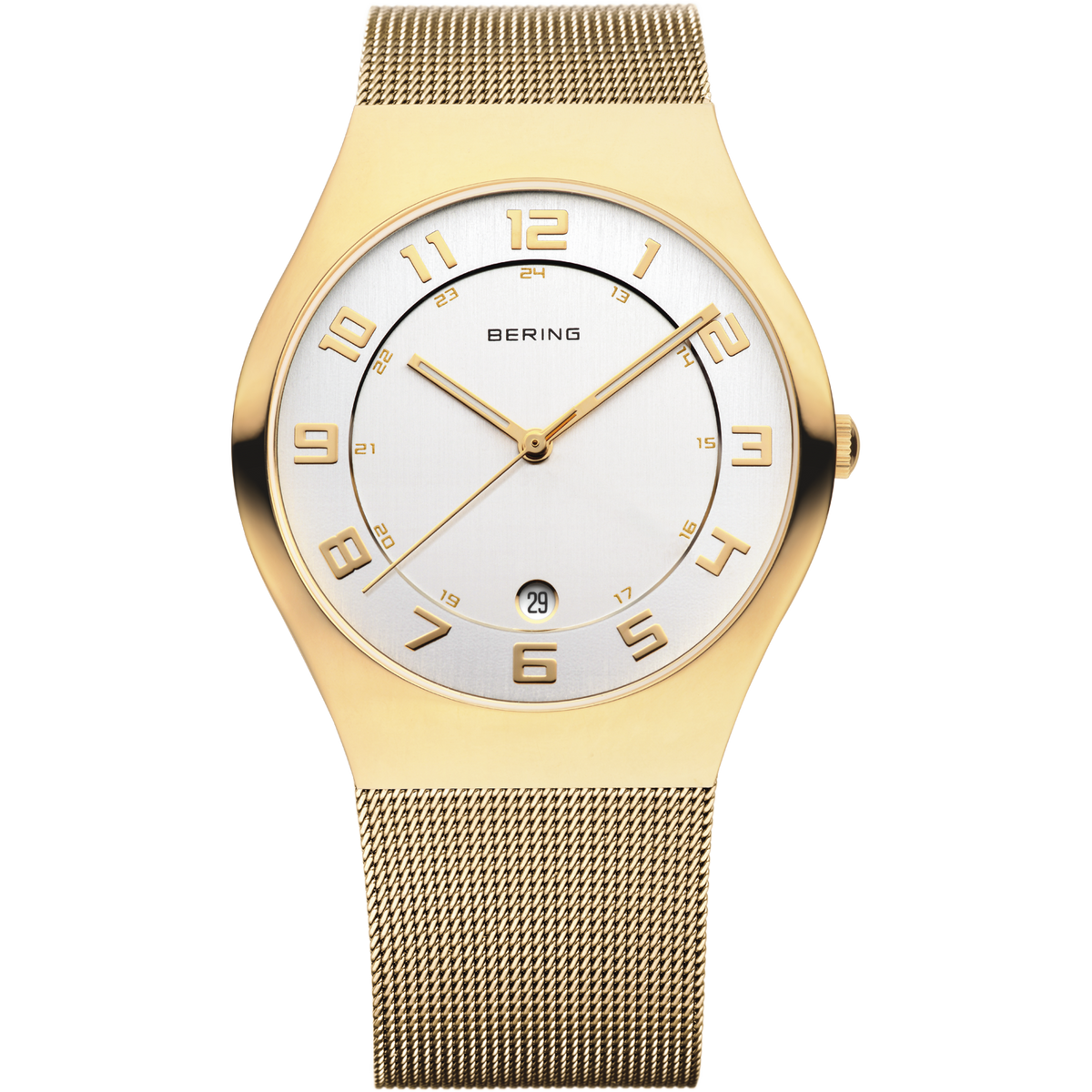 Front view: white dial with gold-tone numerals, gold-tone case and gold-tone mesh strap.
