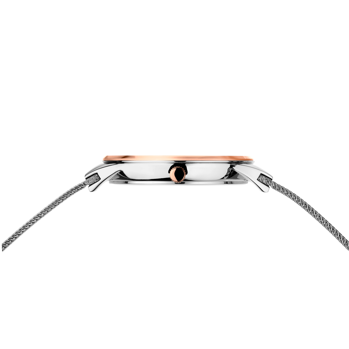 Side profile of the oval rose-tone watch case and crown between the ends of the silver-tone mesh strap.