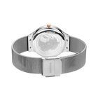 Rear view of the watch with its silver-tone mesh strap looped and fastener closed.