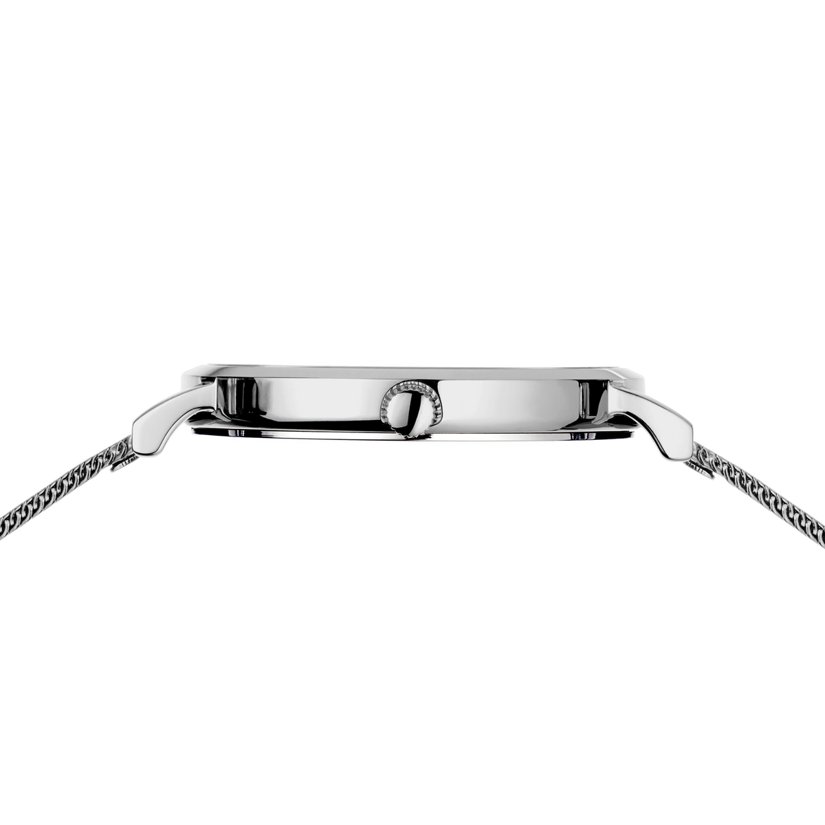 Side profile of the silver-tone watch case and crown between the ends of the silver-tone mesh strap.