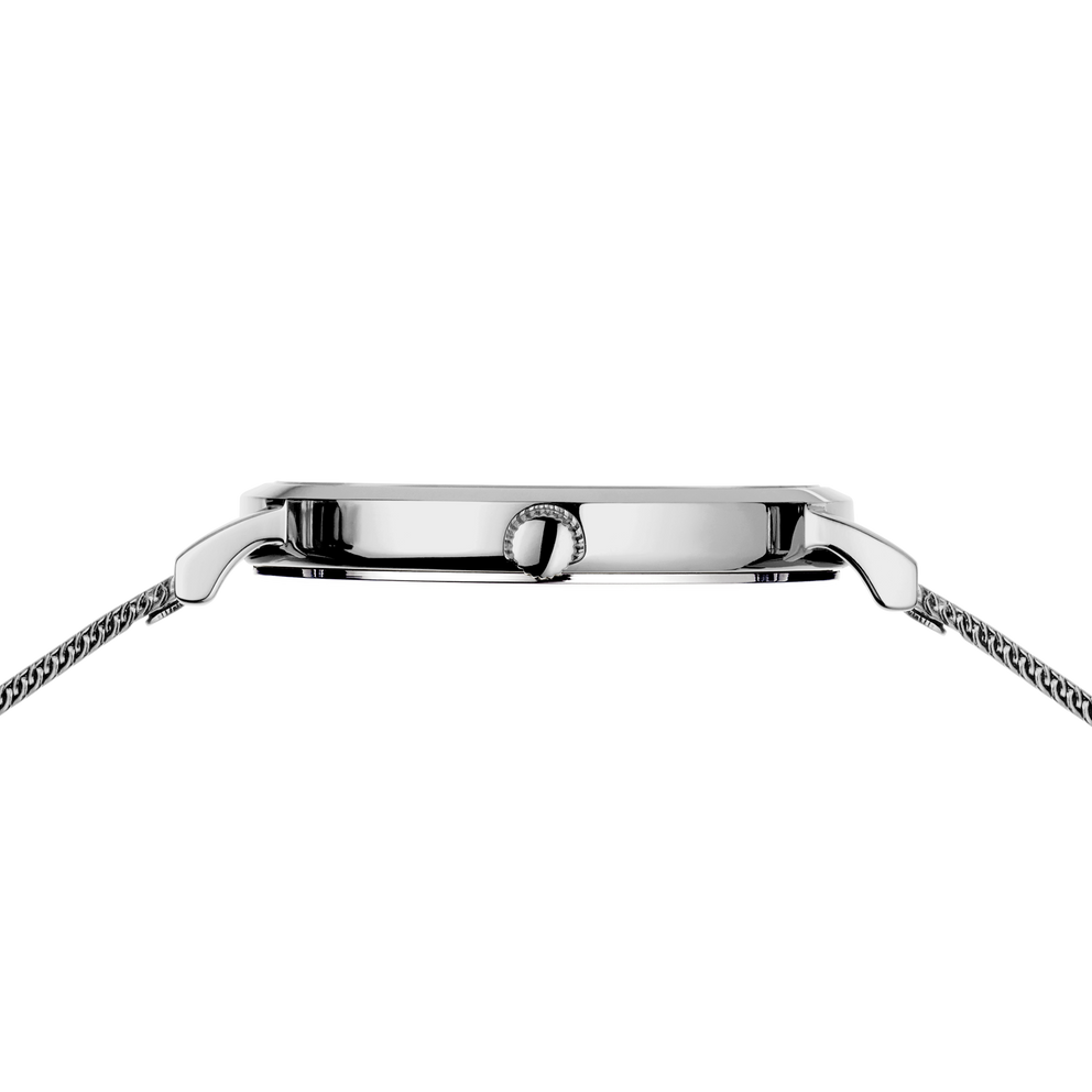 Side profile of the silver-tone watch case and crown between the ends of the silver-tone mesh strap.