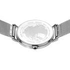 Engraved watch case back with the silver-tone mesh strap extended to either side.