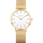 Reloj BERING de frente: esfera blanca, caja dorada y correa de malla dorada.