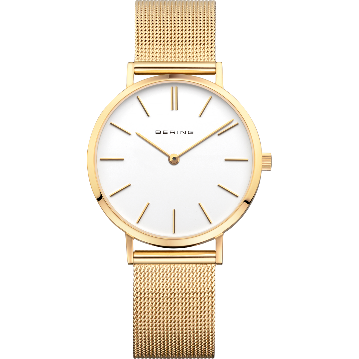 Reloj BERING de frente: esfera blanca, caja dorada y correa de malla dorada.