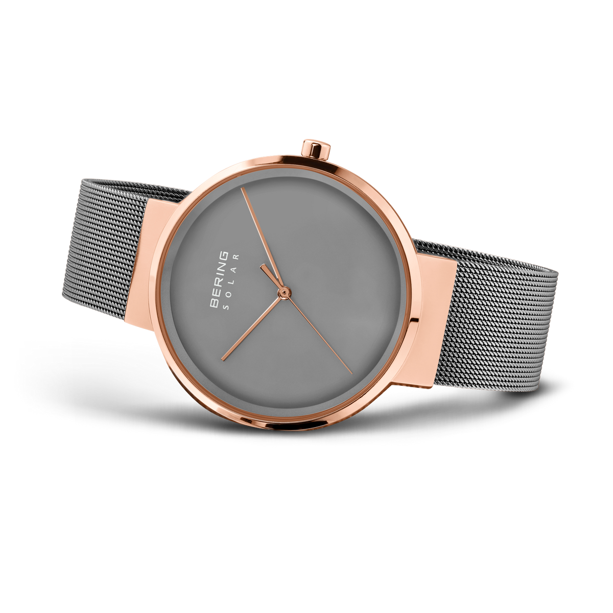 Angled watch view: grey dial and grey mesh strap extended.
