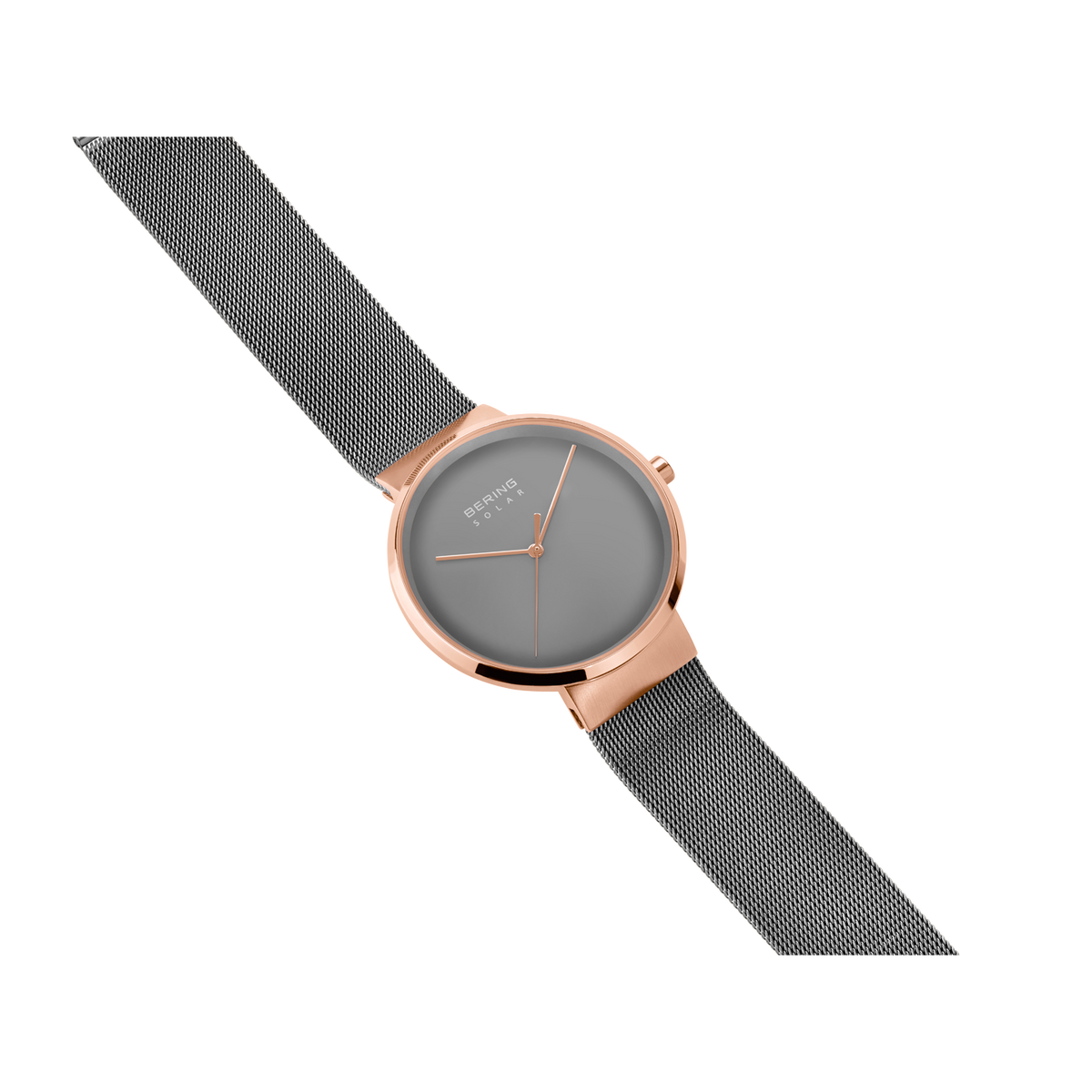 Diagonal overhead view of the grey dial, rose-tone case and grey mesh strap.
