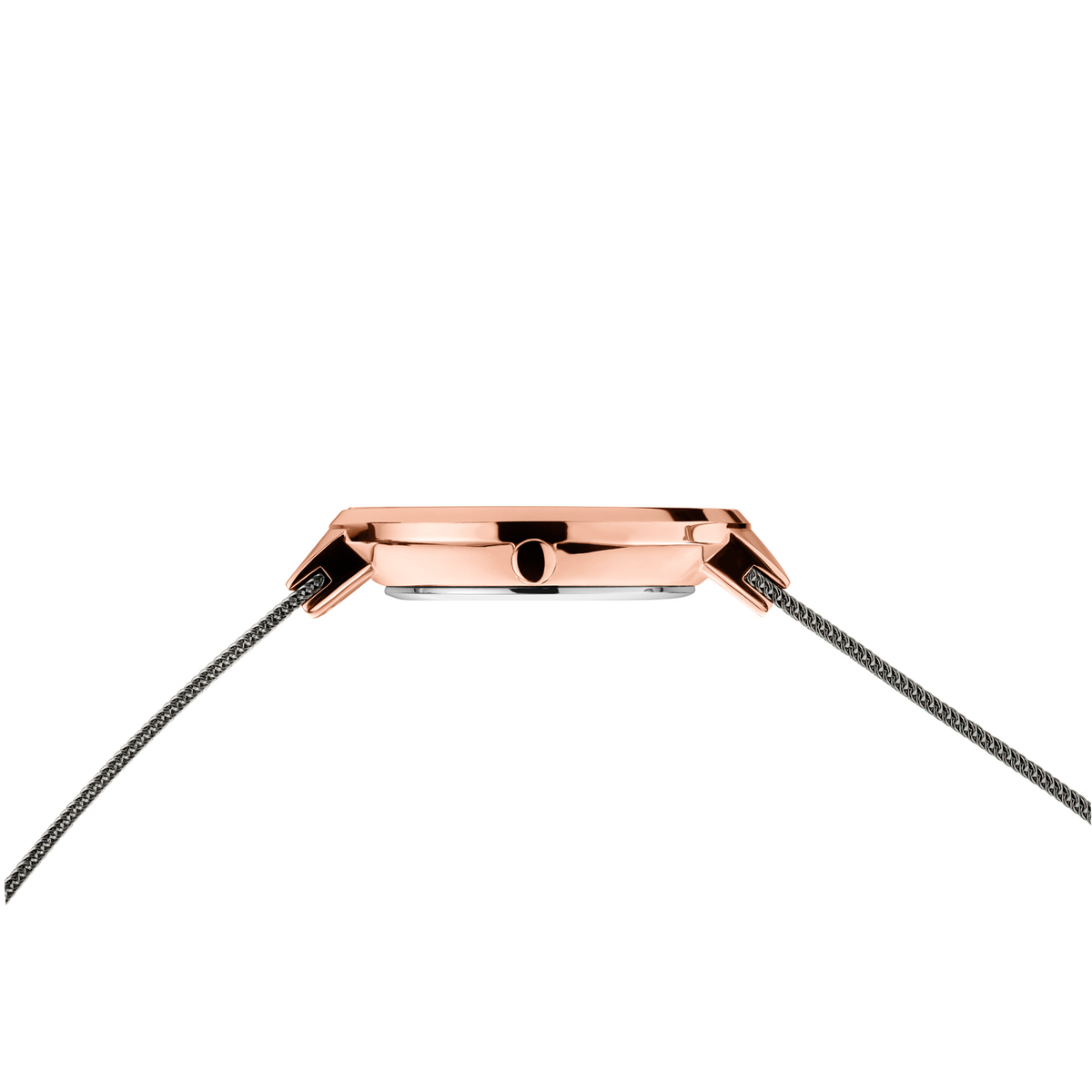 Side profile of the rose-tone watch case and crown between the ends of the grey mesh strap.