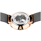 Engraved watch case back with the grey mesh strap extended to either side.
