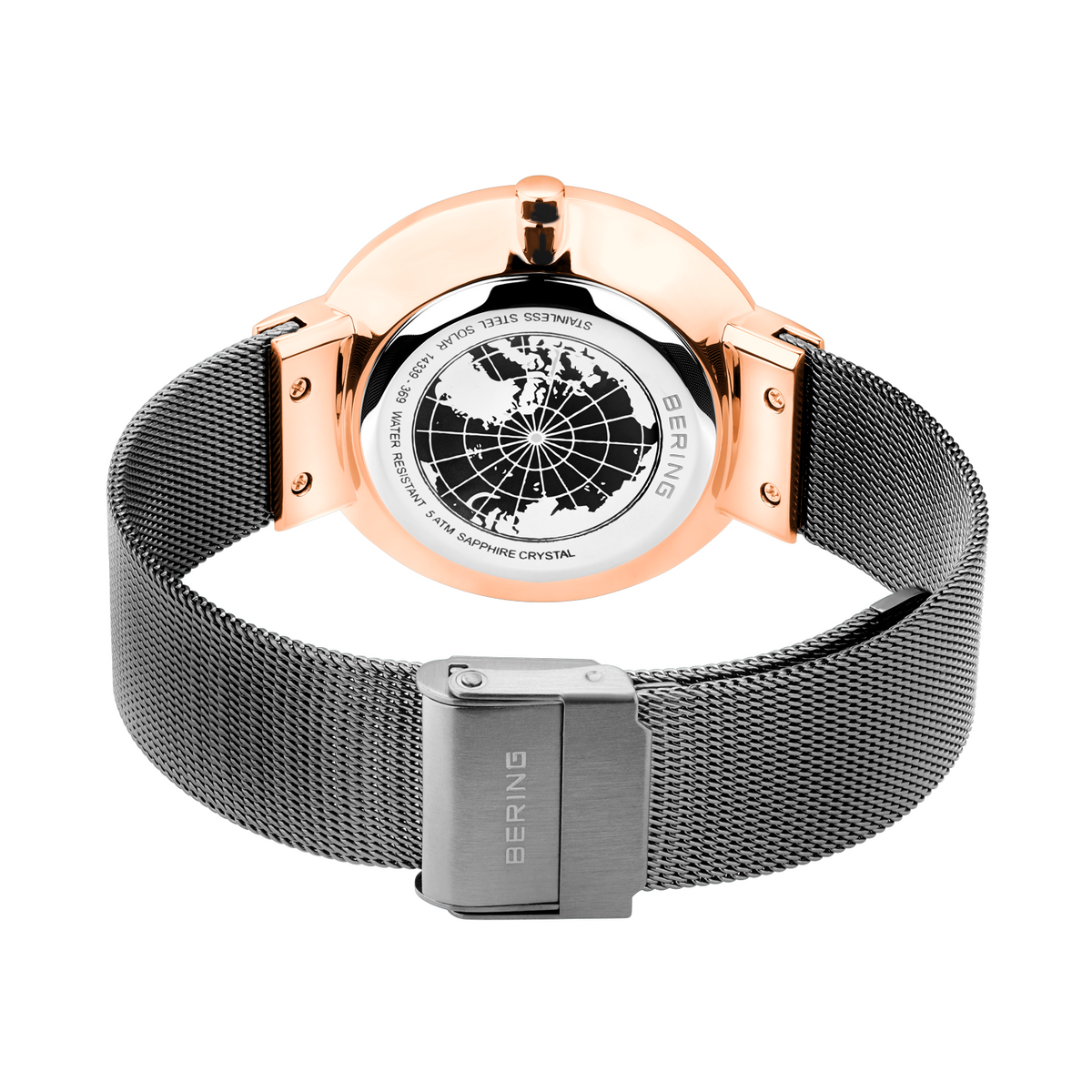 Rear view of the watch with its grey mesh strap looped and fastener closed.