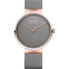 Front view: grey dial, rose-tone case and grey mesh strap.