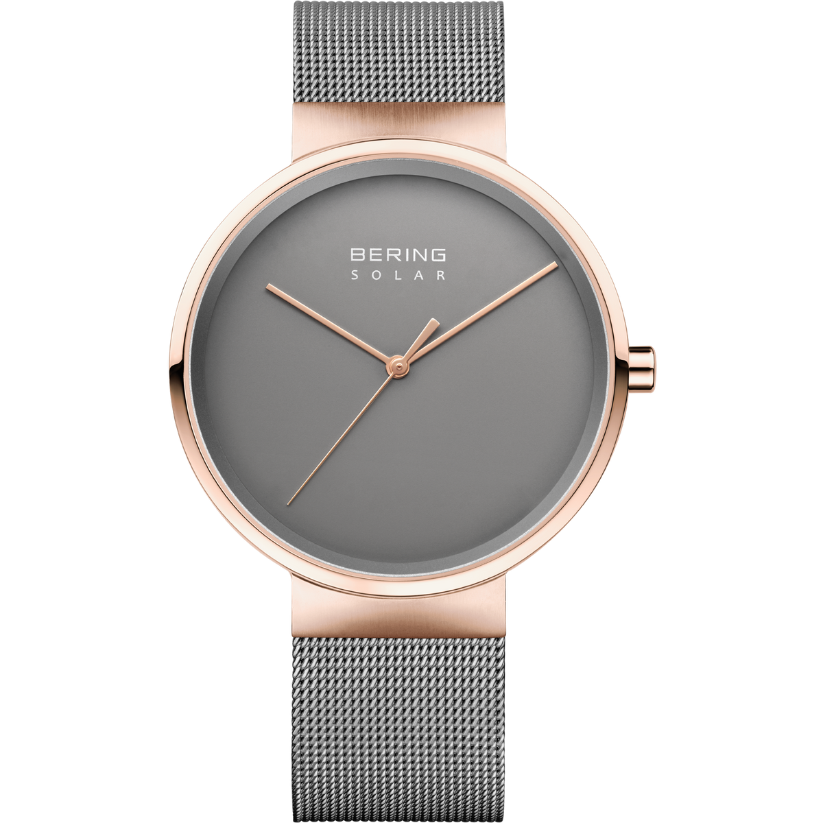 Front view: grey dial, rose-tone case and grey mesh strap.