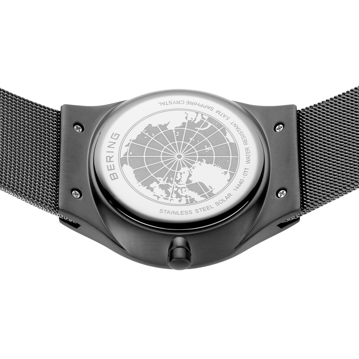 Engraved watch case back with the grey mesh strap extended to either side.