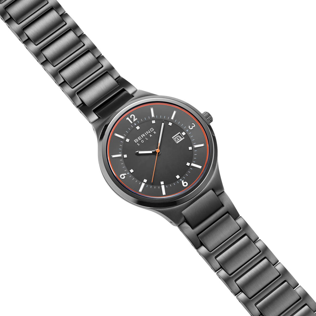 Diagonal overhead view of the grey dial with an orange outline, dark silver-tone case and grey link bracelet.