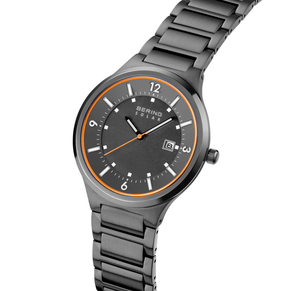 Angled close-up of the grey dial with an orange outline and dark silver-tone case beside the grey link bracelet.